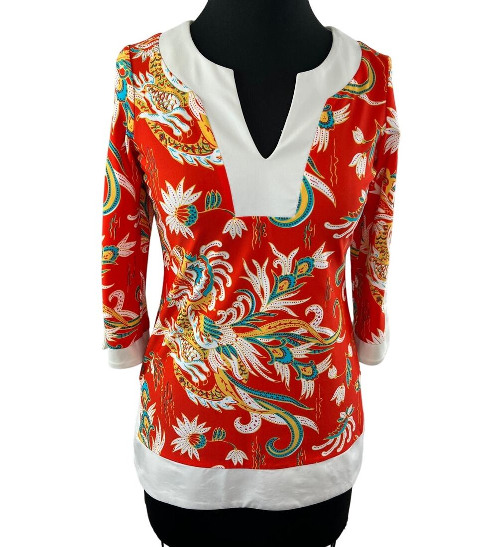 JUDE CONNALLY Vibrant Stretch Nylon Split Orange Dragon Asian Motif 3/4 Top XS
